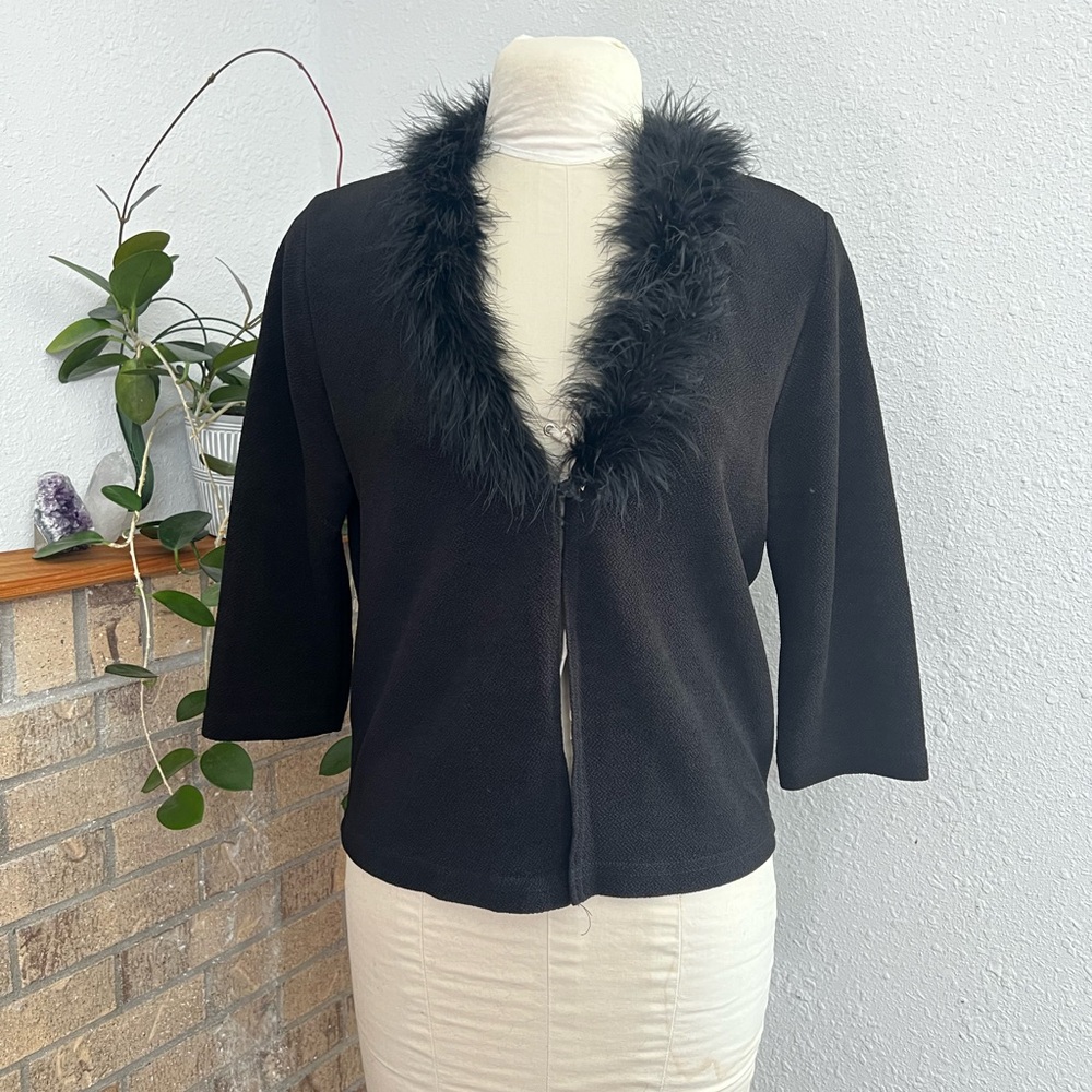 Black Feather Trim Vintage Open Front Shirt